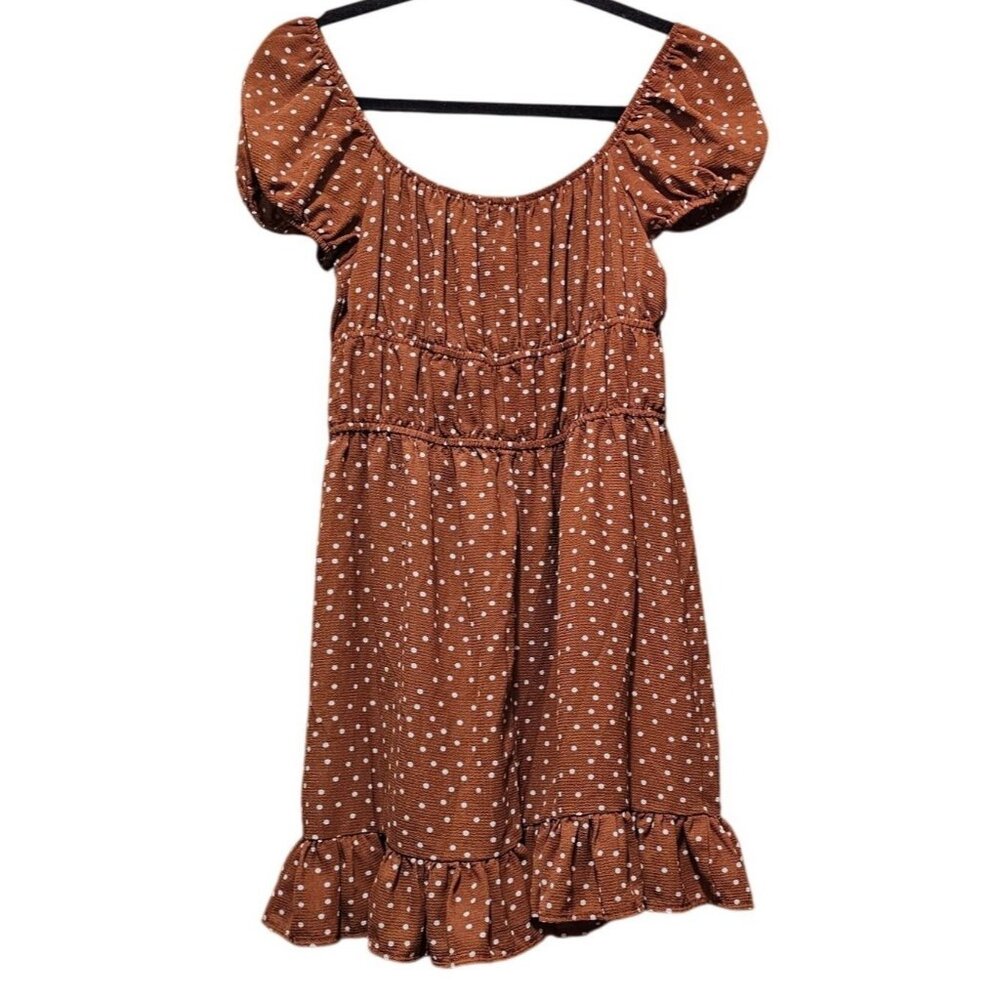 Aeropostale Brown Polka Dot Puff Sleeve Dress Size L Ruffle Hem - Picture 3 of 8